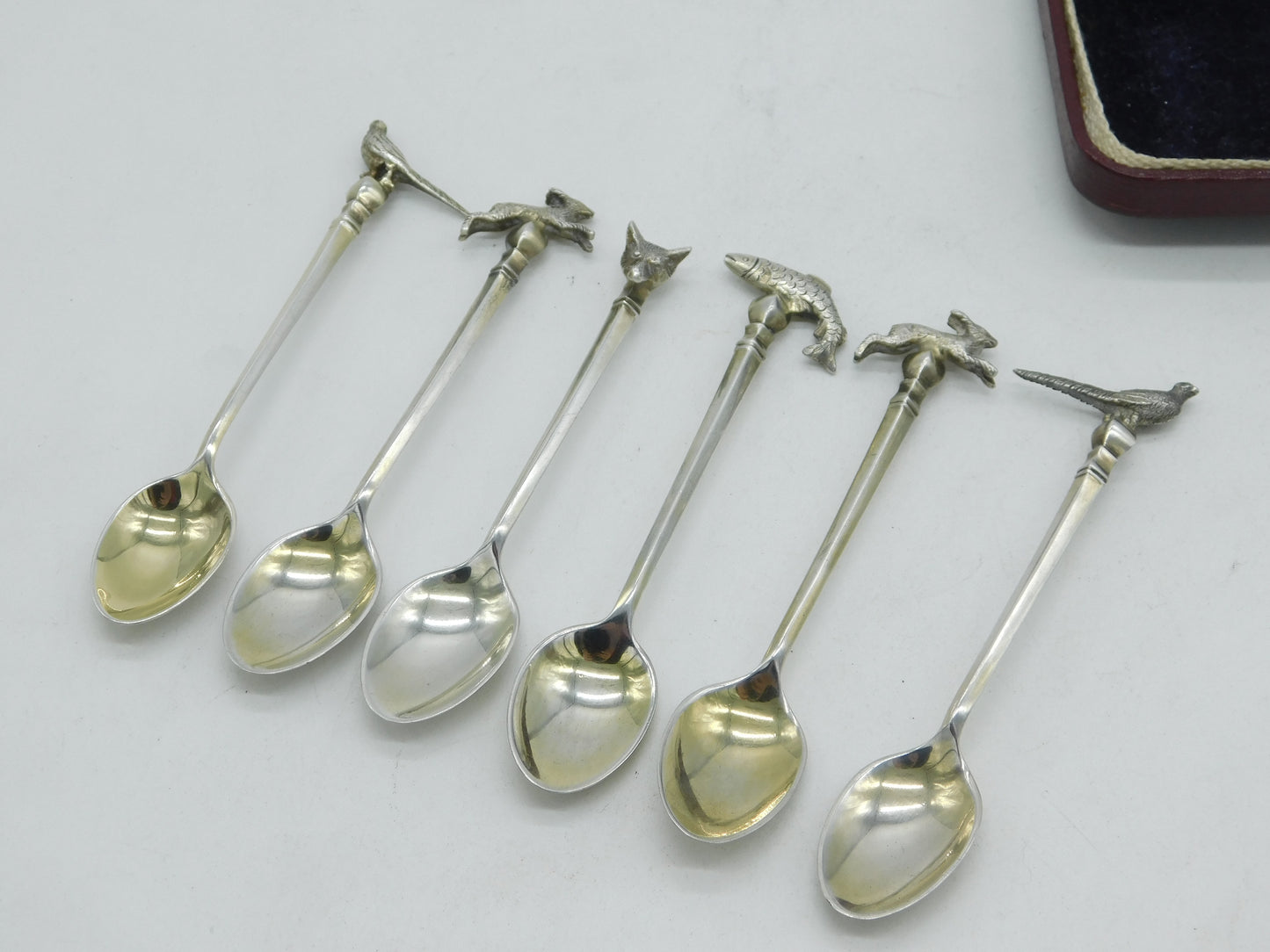 Boxed Set of Sterling Silver Hunting Interest Fox, Fish, Hare Teaspoons Vintage 1952