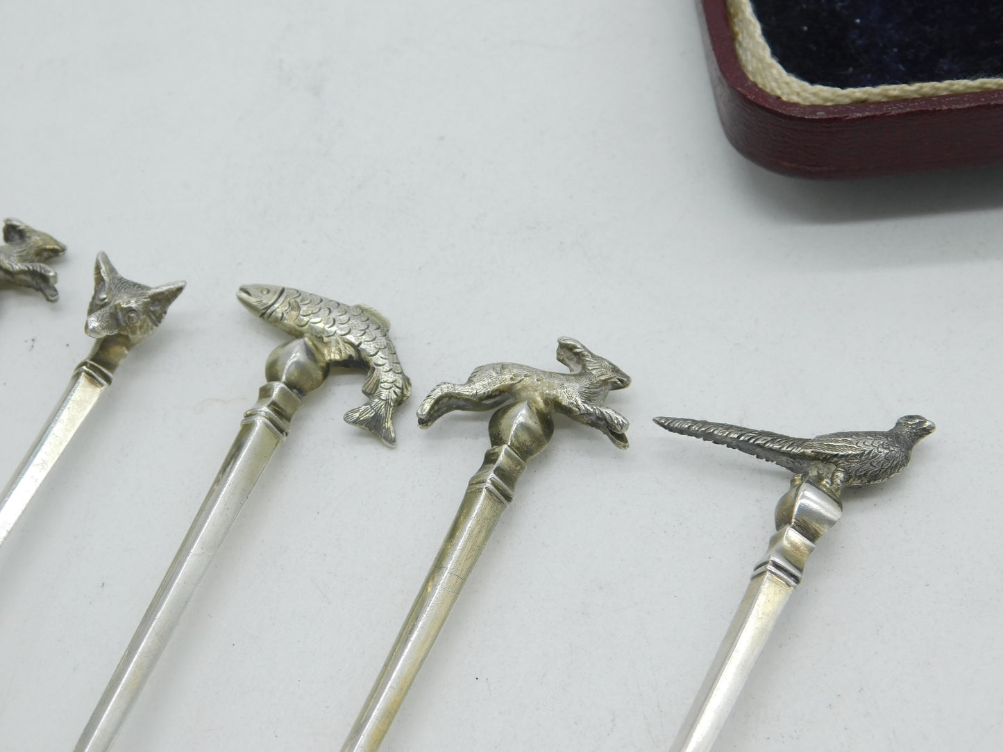 Boxed Set of Sterling Silver Hunting Interest Fox, Fish, Hare Teaspoons Vintage 1952