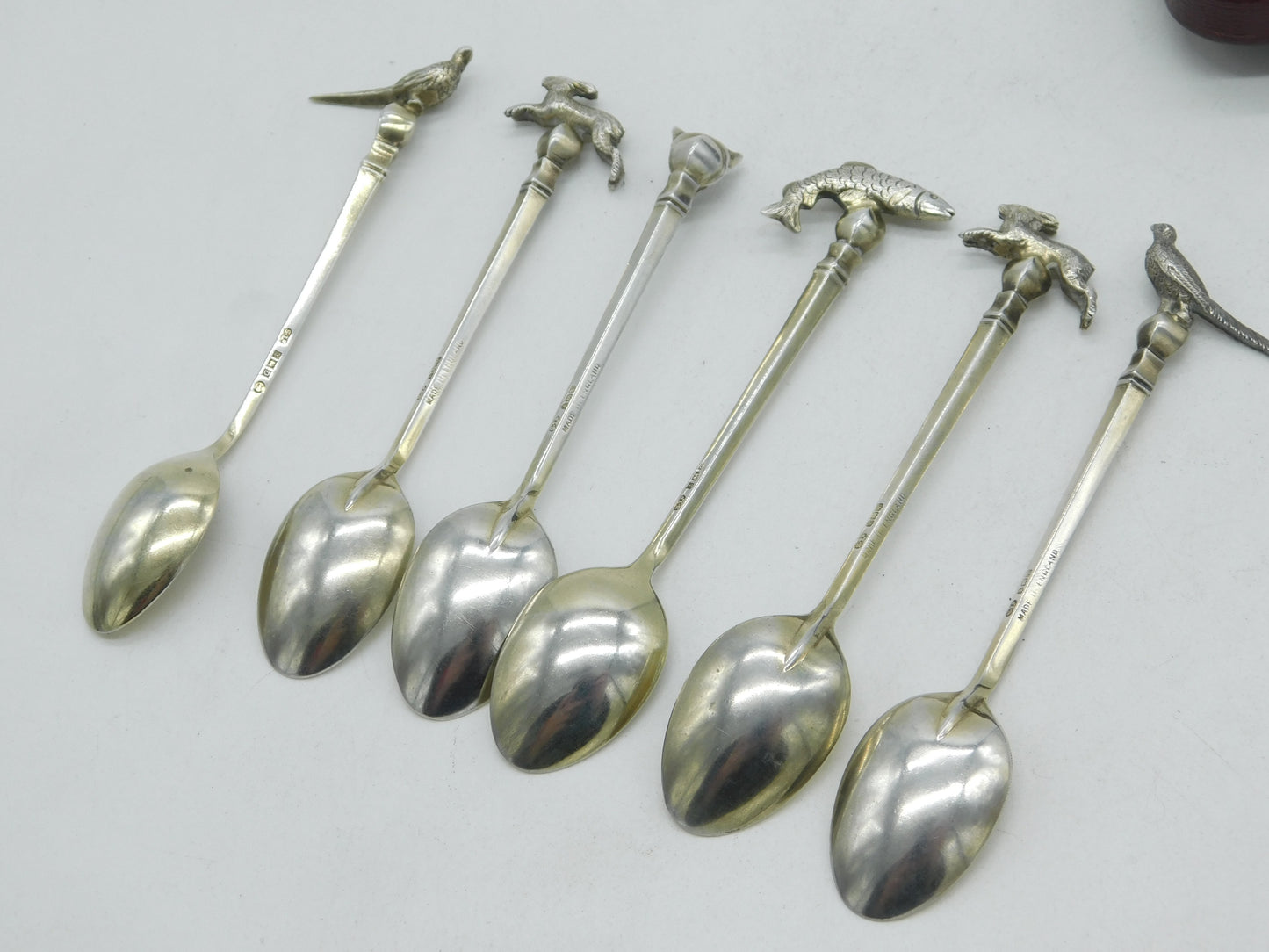 Boxed Set of Sterling Silver Hunting Interest Fox, Fish, Hare Teaspoons Vintage 1952