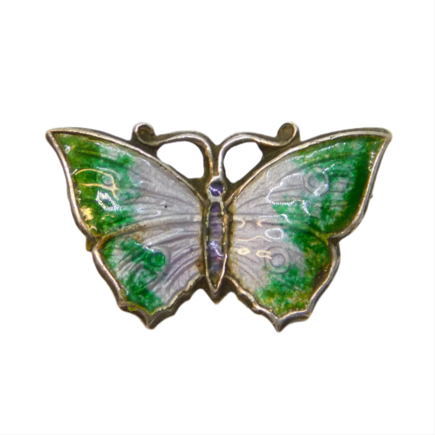 Small Sterling Silver Guilloche Enamel Butterfly Brooch Pin Antique c1920 Deco