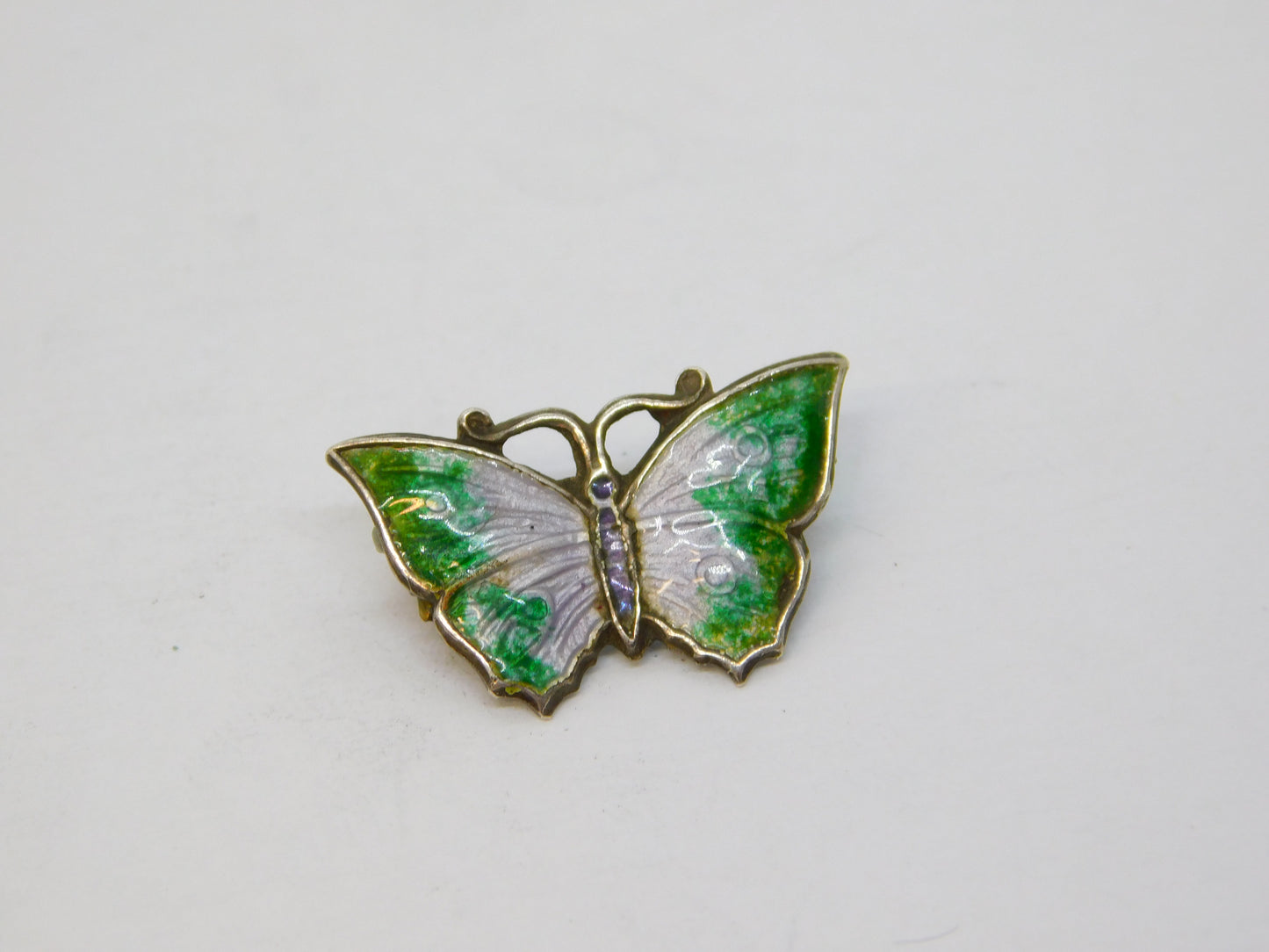 Small Sterling Silver Guilloche Enamel Butterfly Brooch Pin Antique c1920 Deco