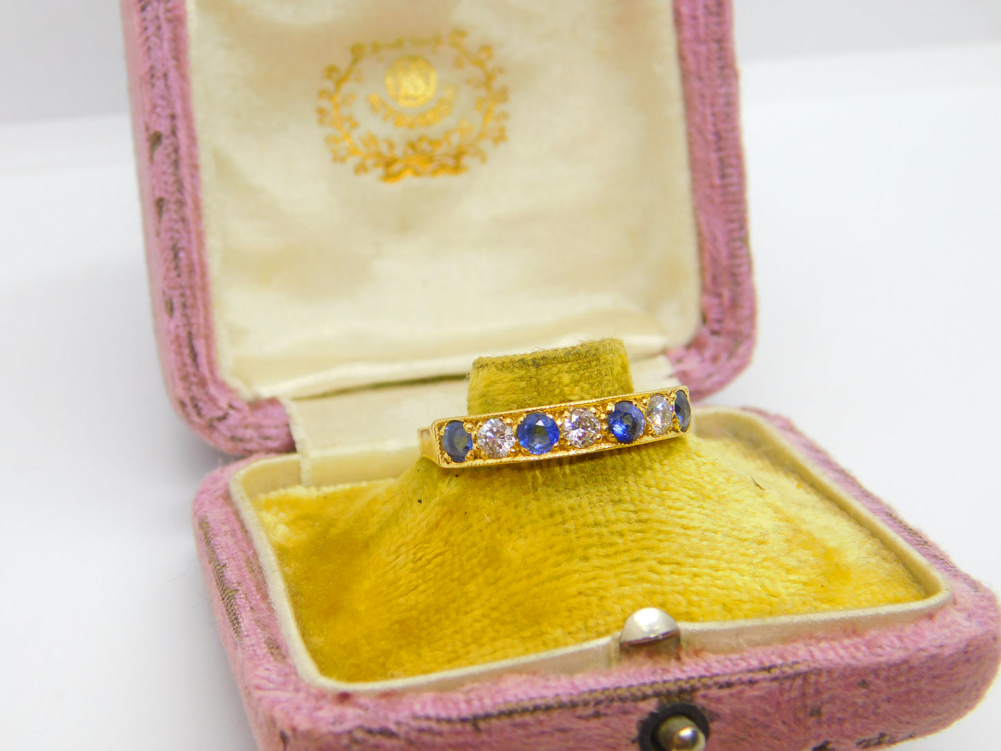 18ct Yellow Gold, 0.6ct Diamond & Sapphire Half Eternity Ring 1980 Sheffield