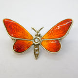 Sterling Silver, Red Enamel, Seed Pearl Butterfly Brooch Antique c1920 Deco