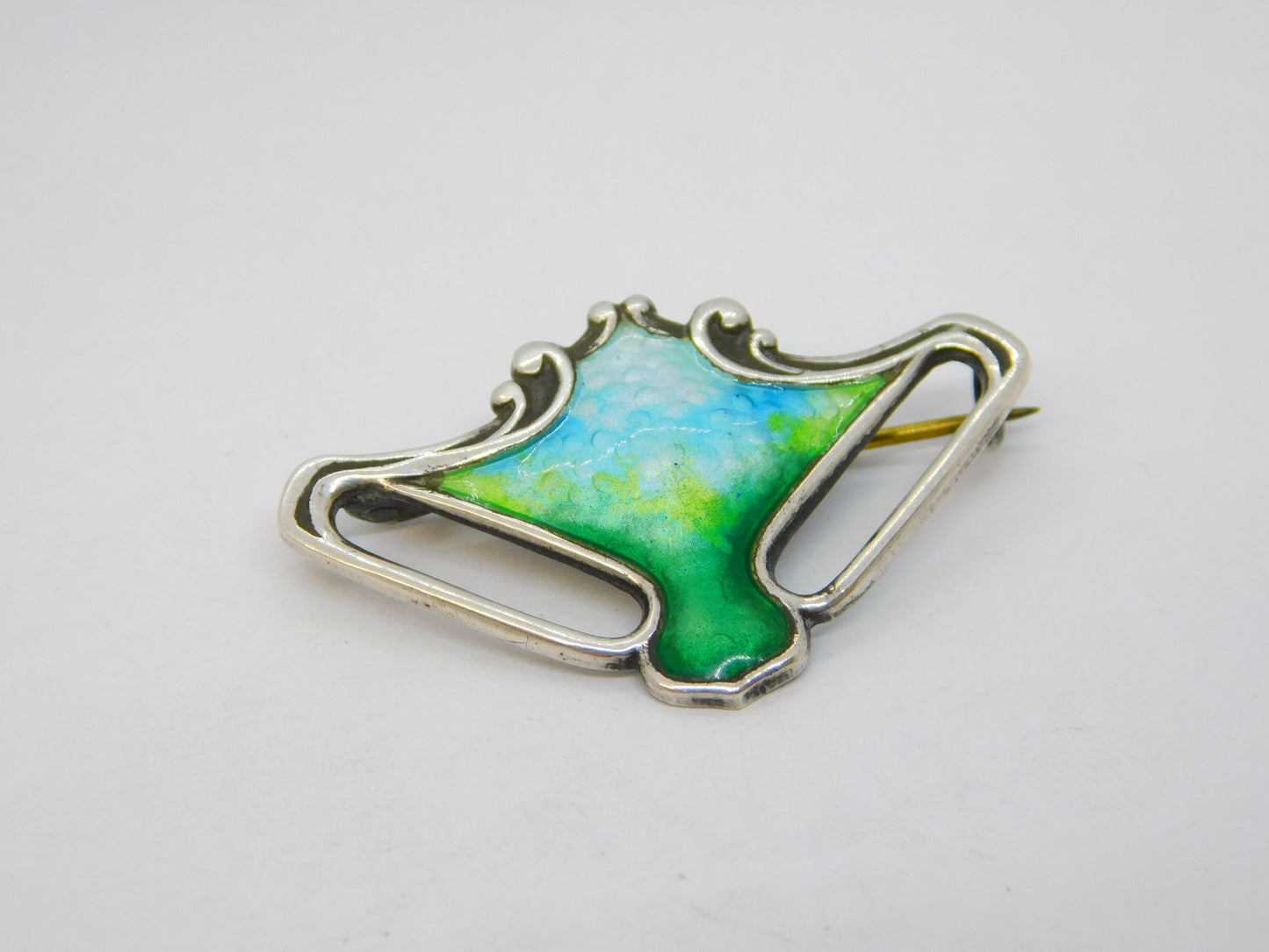 Art Nouveau Sterling Silver Guilloche Enamel Floral Brooch Antique c1910