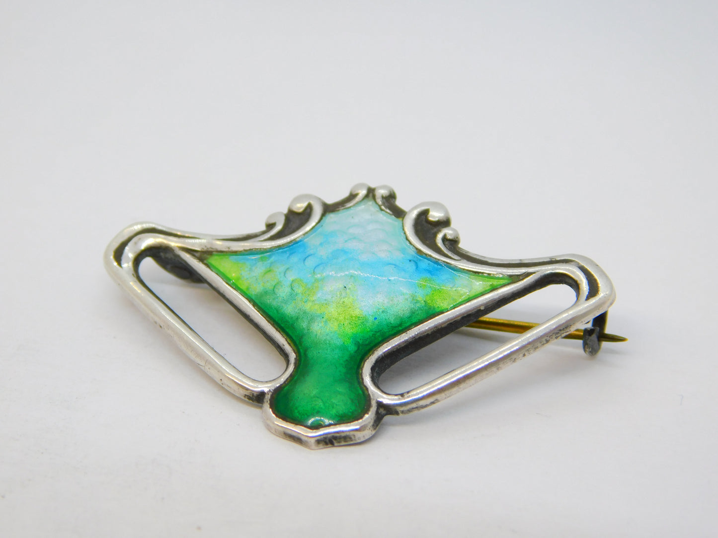 Art Nouveau Sterling Silver Guilloche Enamel Floral Brooch Antique c1910