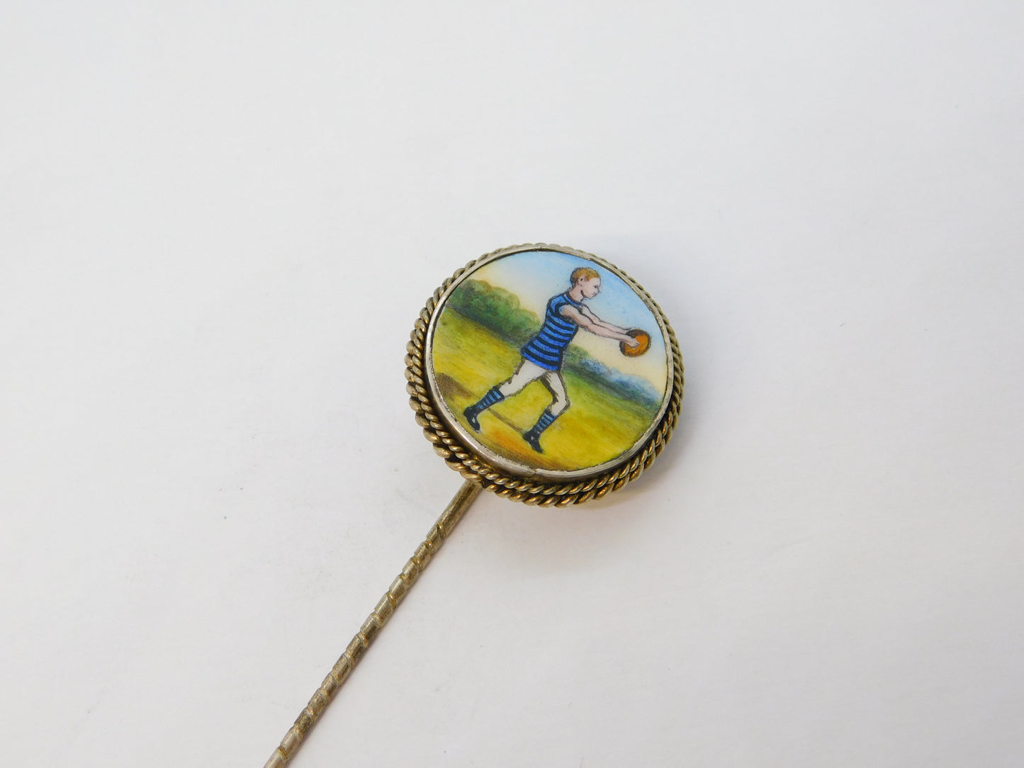 Victorian Sterling Silver Enamel William Webb Ellis Rugby Stick Pin Antique c1850