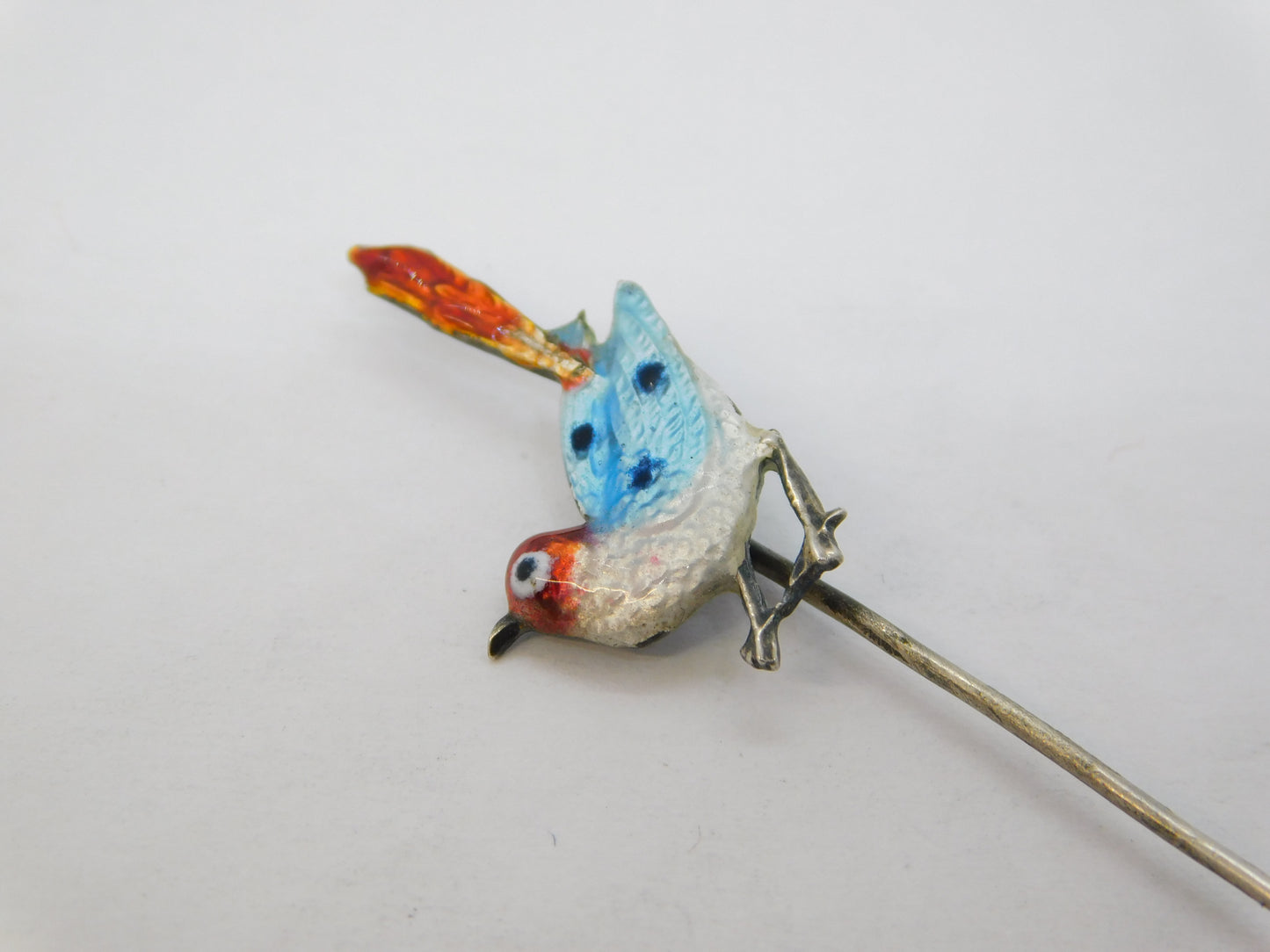 Sterling Silver Colourful Enamel Swallow Sweetheart Stick Pin Antique c1920