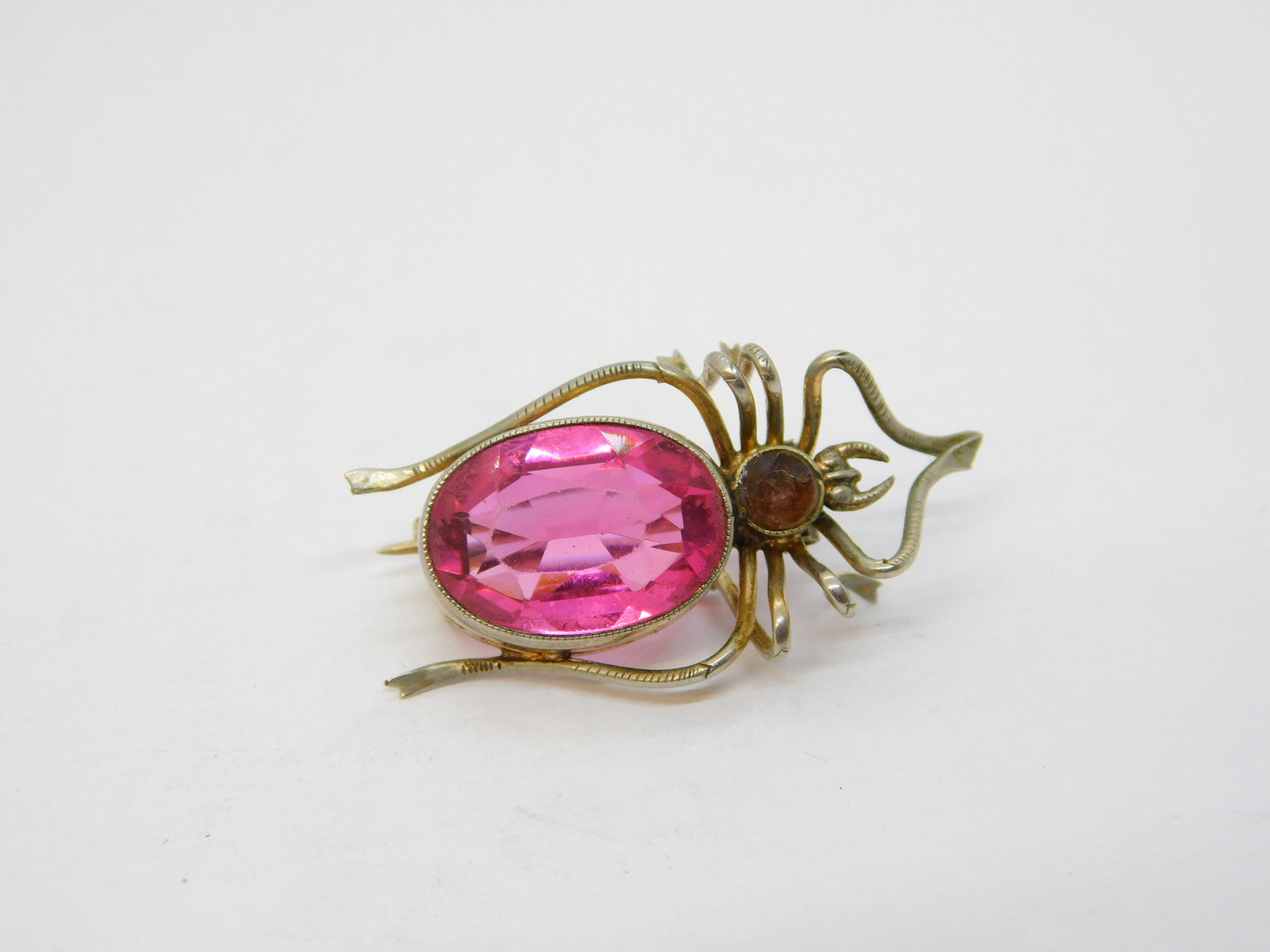 Edwardian Sterling Silver Gilt Pink Paste Spider Insect Brooch Antique c1910