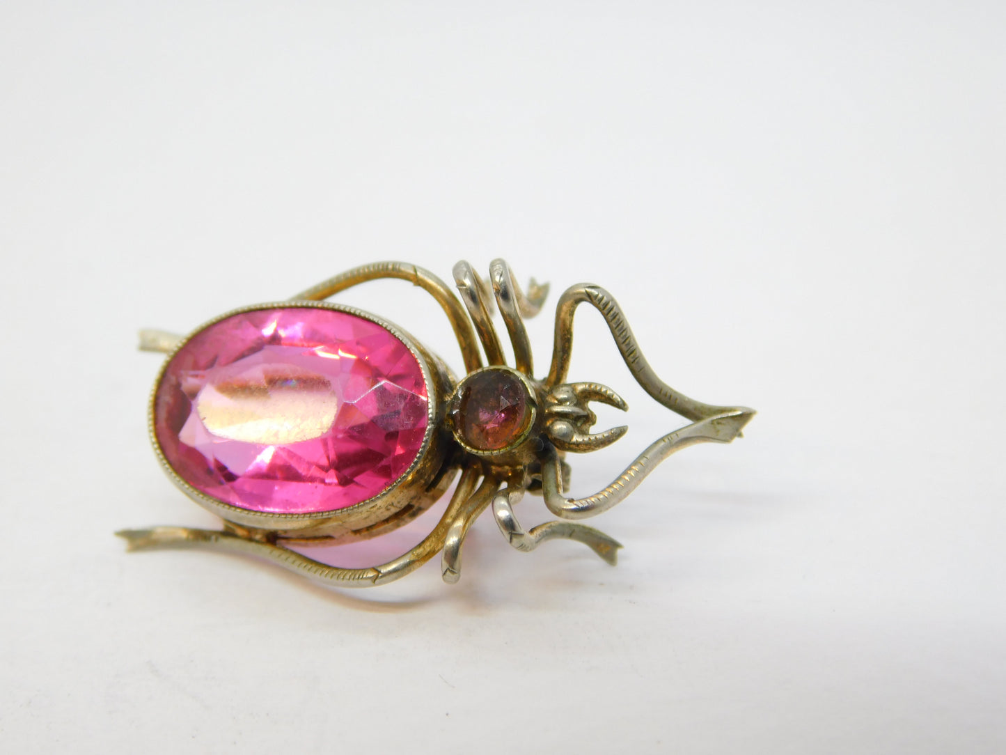 Edwardian Sterling Silver Gilt Pink Paste Spider Insect Brooch Antique c1910