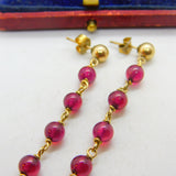 14ct Yellow Gold Filled Beaded Garnet Drop Stud Earrings Vintage c1970
