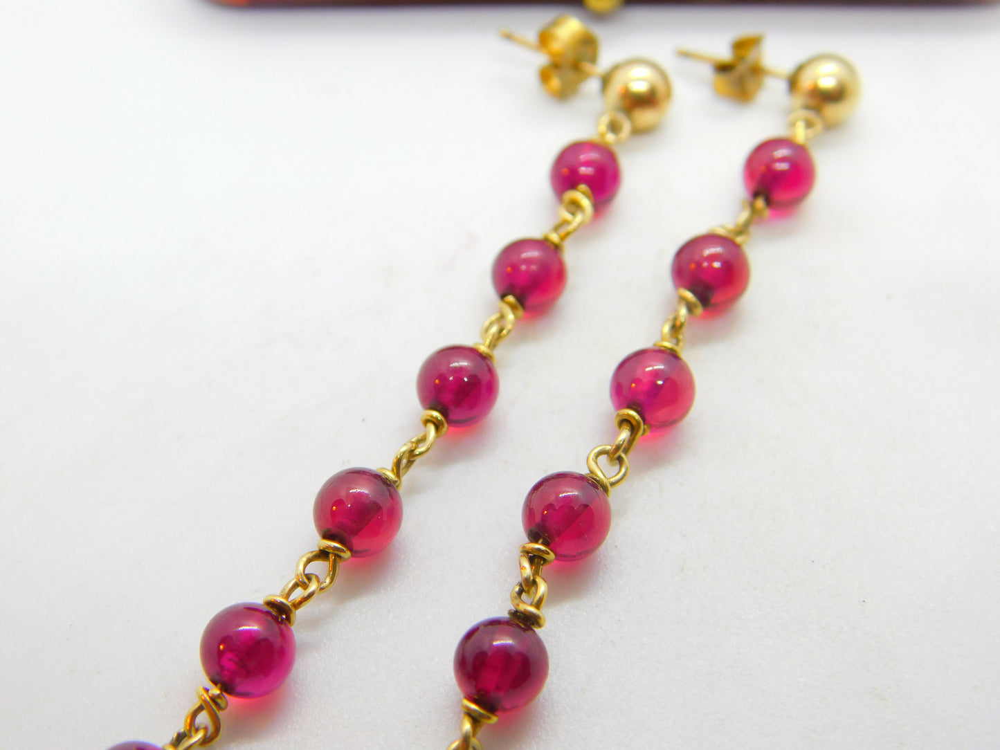 14ct Yellow Gold Filled Beaded Garnet Drop Stud Earrings Vintage c1970