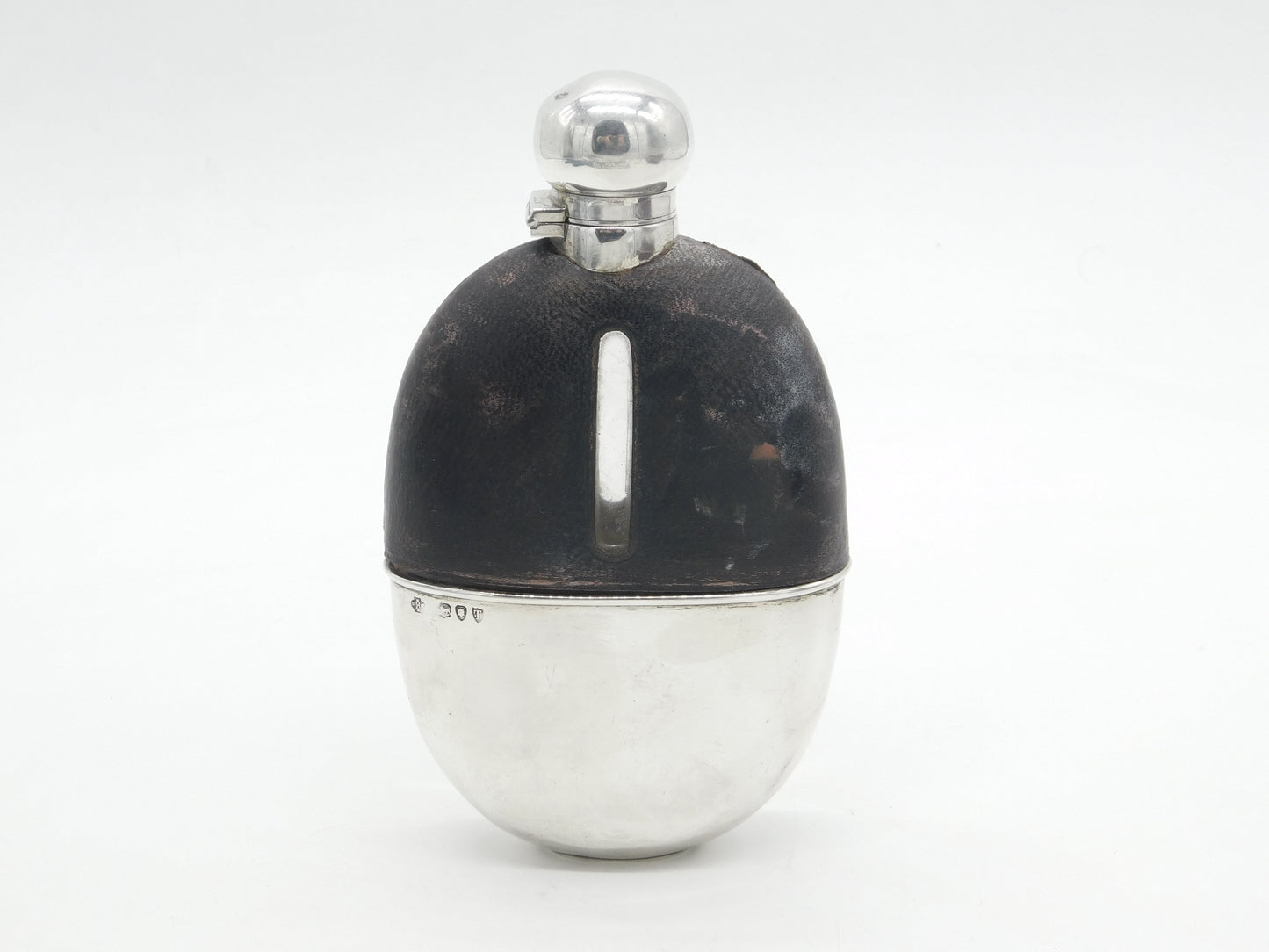 Victorian Sterling Silver, Leather & Glass Stirrup Cup Hip Flask Antique 1894 London