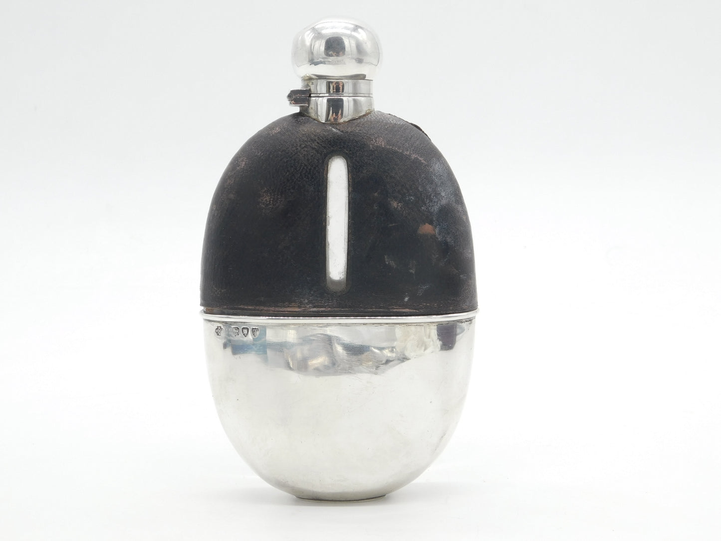 Victorian Sterling Silver, Leather & Glass Stirrup Cup Hip Flask Antique 1894 London
