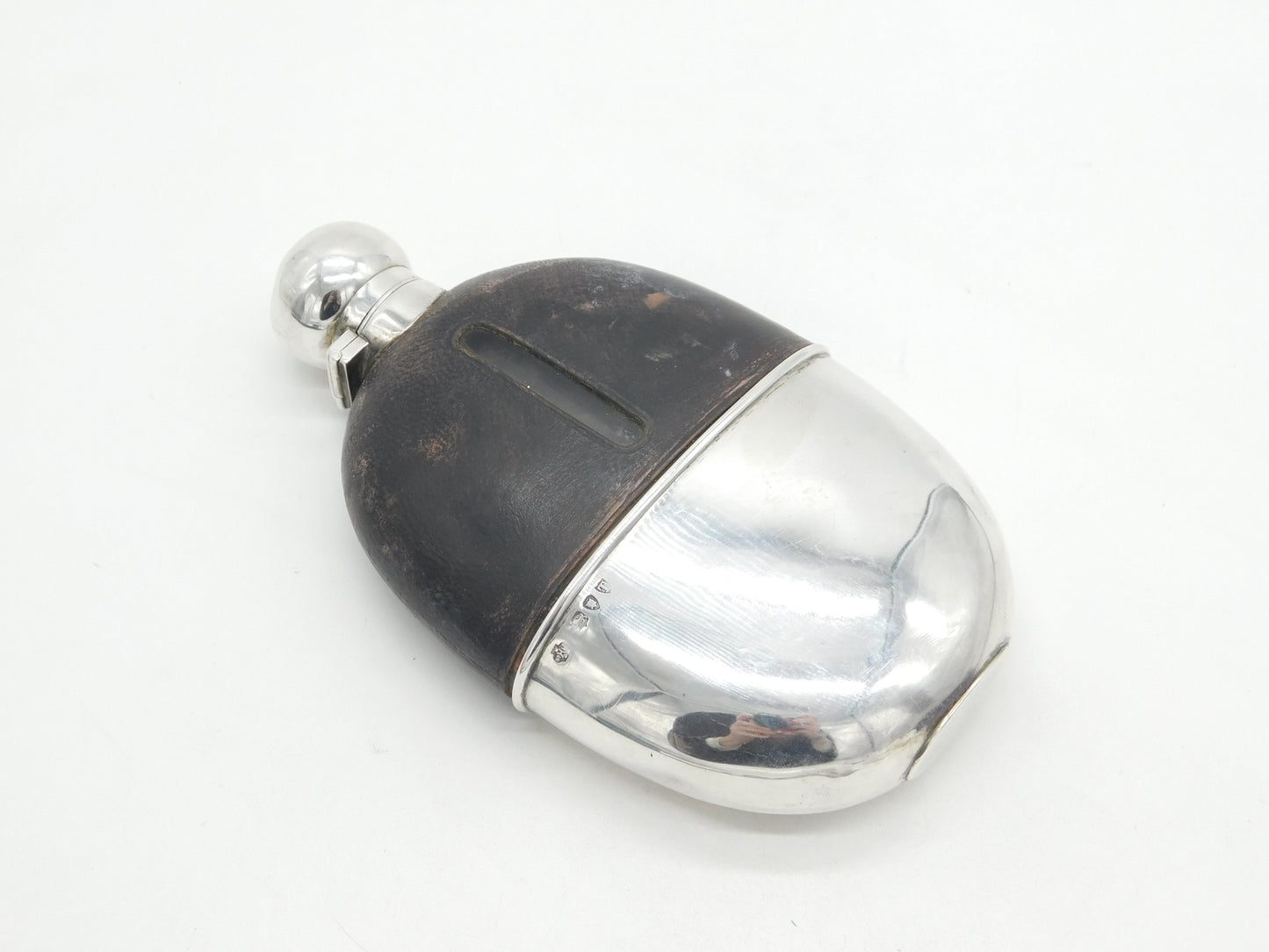 Victorian Sterling Silver, Leather & Glass Stirrup Cup Hip Flask Antique 1894 London