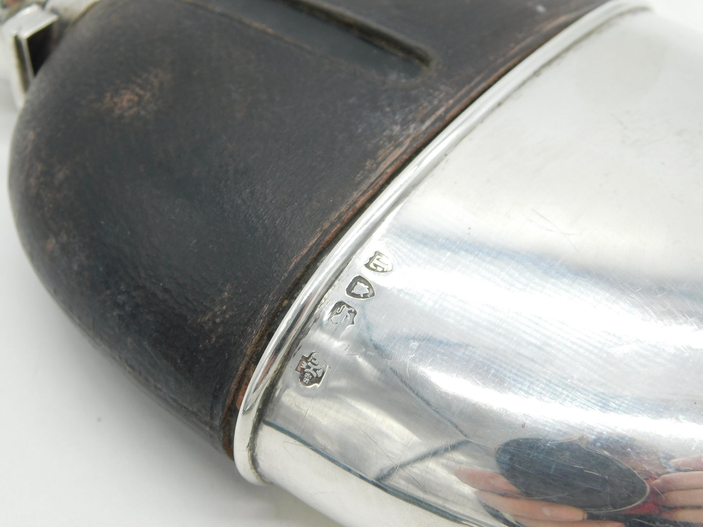 Victorian Sterling Silver, Leather & Glass Stirrup Cup Hip Flask Antique 1894 London