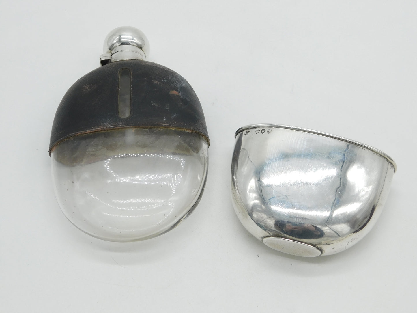Victorian Sterling Silver, Leather & Glass Stirrup Cup Hip Flask Antique 1894 London