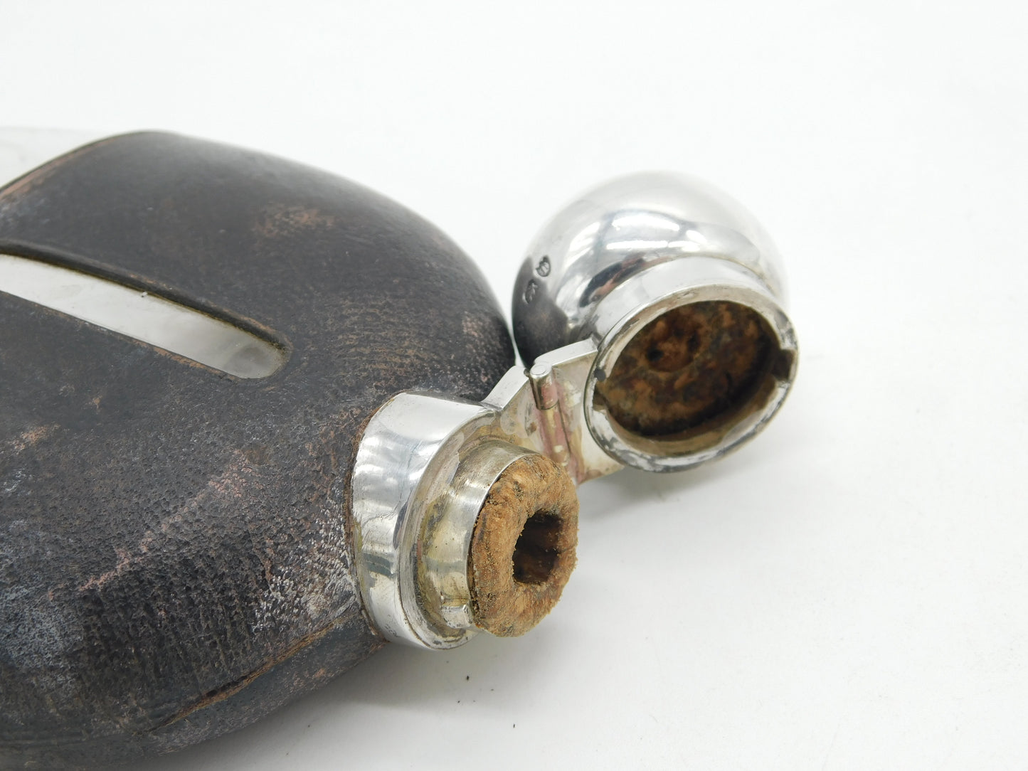 Victorian Sterling Silver, Leather & Glass Stirrup Cup Hip Flask Antique 1894 London