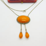 Victorian Sterling Silver Natural Egg Yolk Amber Lavalier Drop Necklace c1900