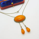 Victorian Sterling Silver Natural Egg Yolk Amber Lavalier Drop Necklace c1900
