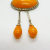 Victorian Sterling Silver Natural Egg Yolk Amber Lavalier Drop Necklace c1900