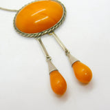 Victorian Sterling Silver Natural Egg Yolk Amber Lavalier Drop Necklace c1900