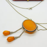 Victorian Sterling Silver Natural Egg Yolk Amber Lavalier Drop Necklace c1900