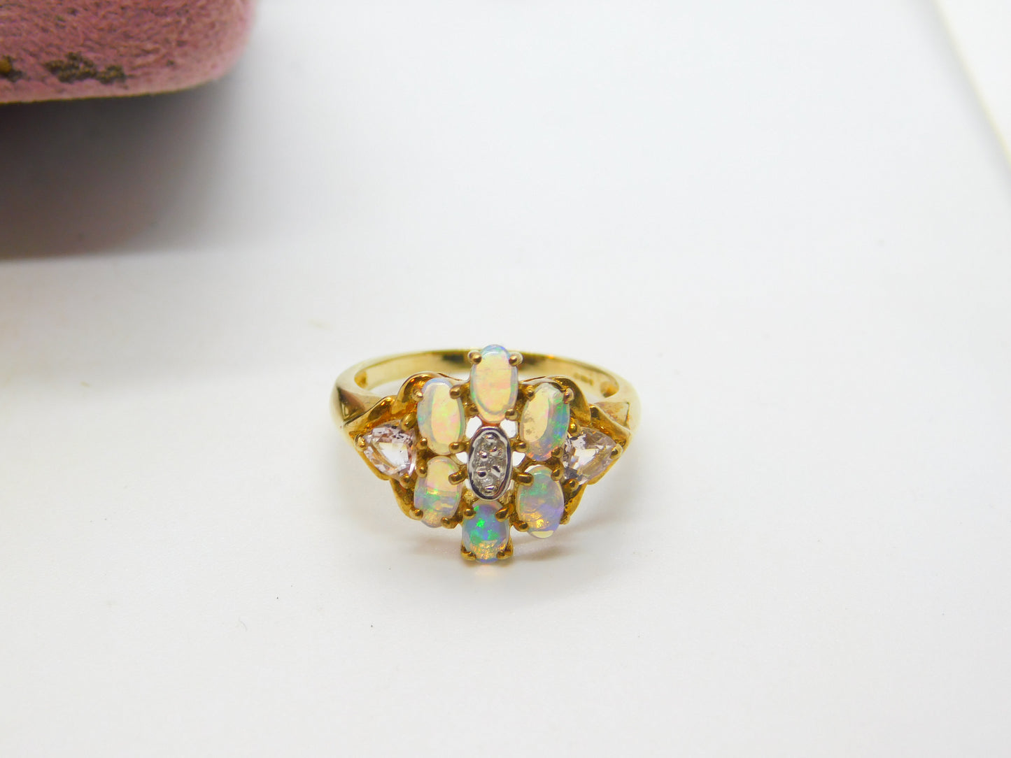 9ct Yellow Gold, Diamond & Water Opal Cluster Ring Vintage Birmingham