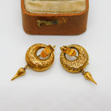 Victorian 18ct Yellow Gold Etruscan Style Buckle Drop Earrings Antique c1860