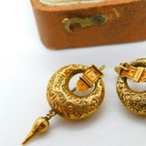 Victorian 18ct Yellow Gold Etruscan Style Buckle Drop Earrings Antique c1860