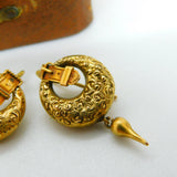 Victorian 18ct Yellow Gold Etruscan Style Buckle Drop Earrings Antique c1860