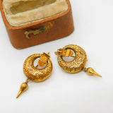 Victorian 18ct Yellow Gold Etruscan Style Buckle Drop Earrings Antique c1860