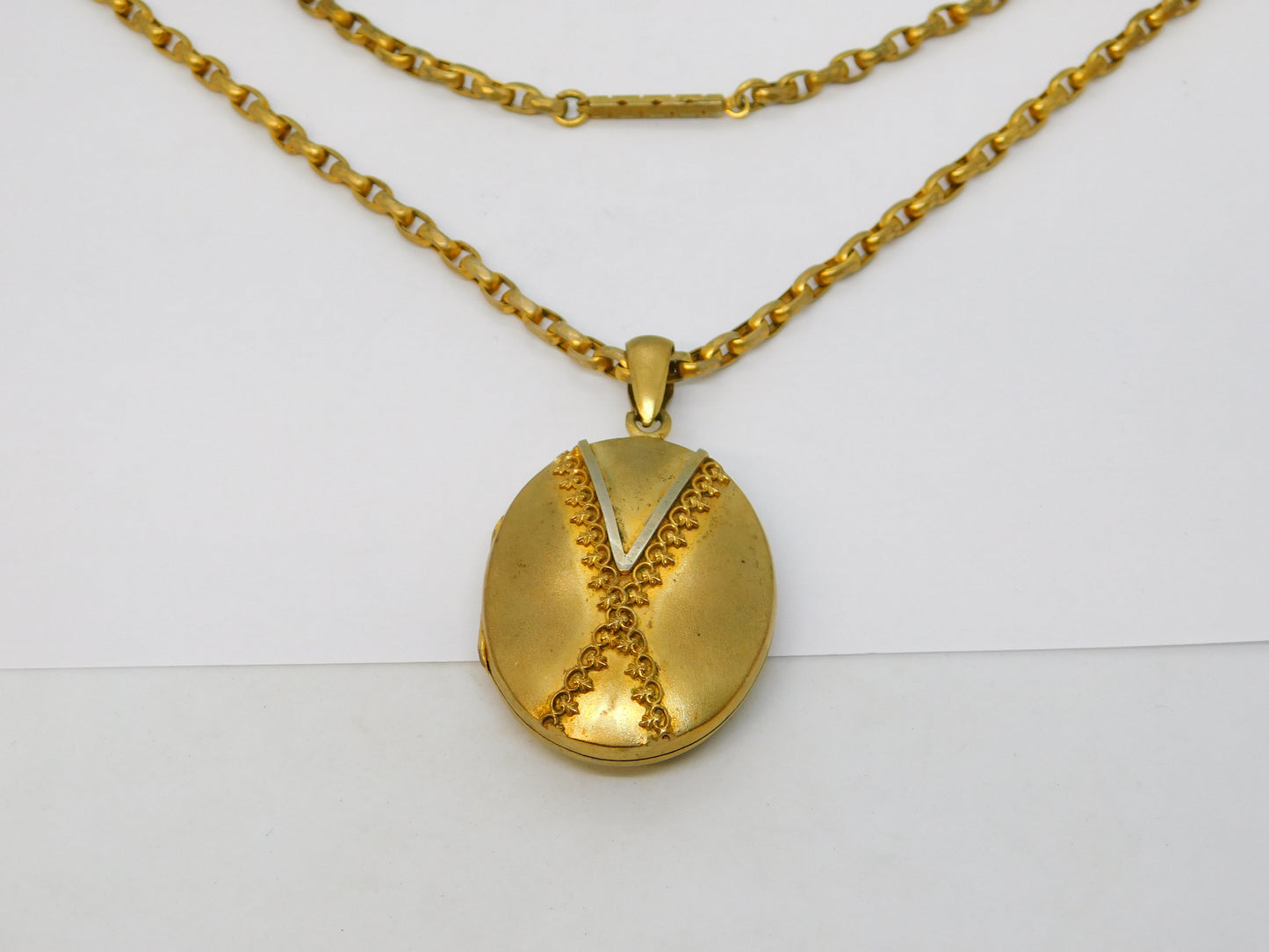 Victorian Pinchbeck Floral Mourning Locket Pendant Necklace Antique c1860