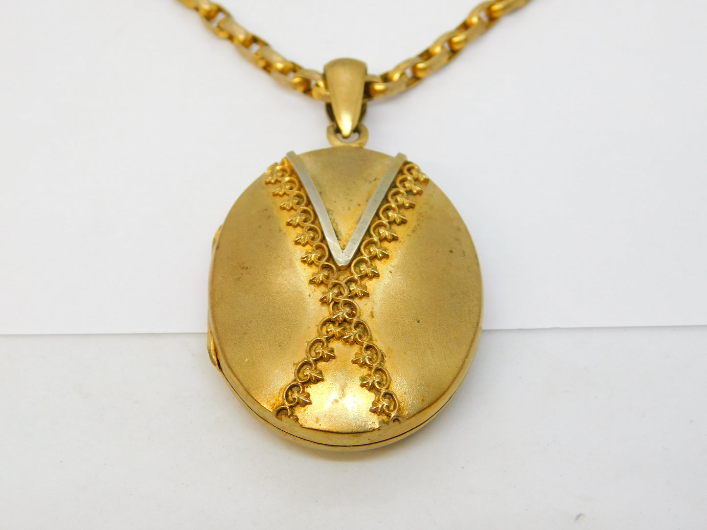 Victorian Pinchbeck Floral Mourning Locket Pendant Necklace Antique c1860