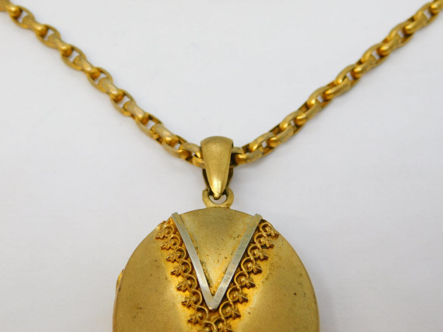 Victorian Pinchbeck Floral Mourning Locket Pendant Necklace Antique c1860