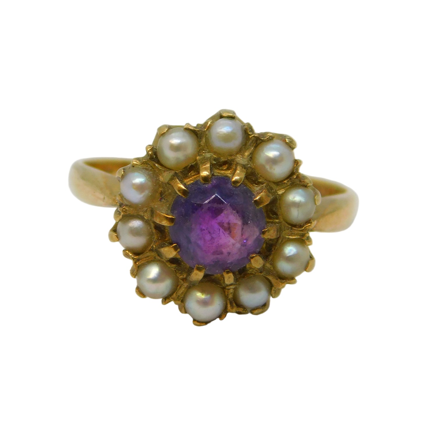 9ct Yellow Gold, Amethyst, Seed Pearl Floral Cluster Ring Vintage 1966 London