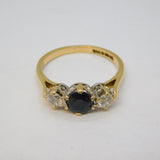 9ct Yellow Gold, Sapphire & Spinel Set Three-Stone Ring Vintage 1985 Birmingham