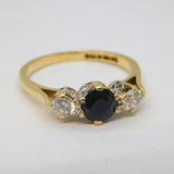 9ct Yellow Gold, Sapphire & Spinel Set Three-Stone Ring Vintage 1985 Birmingham