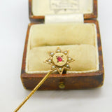 Victorian 9ct Yellow Gold, Garnet & Seed Pearl Sun Form Stick Pin Antique 1876