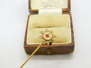 Victorian 9ct Yellow Gold, Garnet & Seed Pearl Sun Form Stick Pin Antique 1876