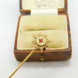 Victorian 9ct Yellow Gold, Garnet & Seed Pearl Sun Form Stick Pin Antique 1876