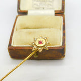 Victorian 9ct Yellow Gold, Garnet & Seed Pearl Sun Form Stick Pin Antique 1876