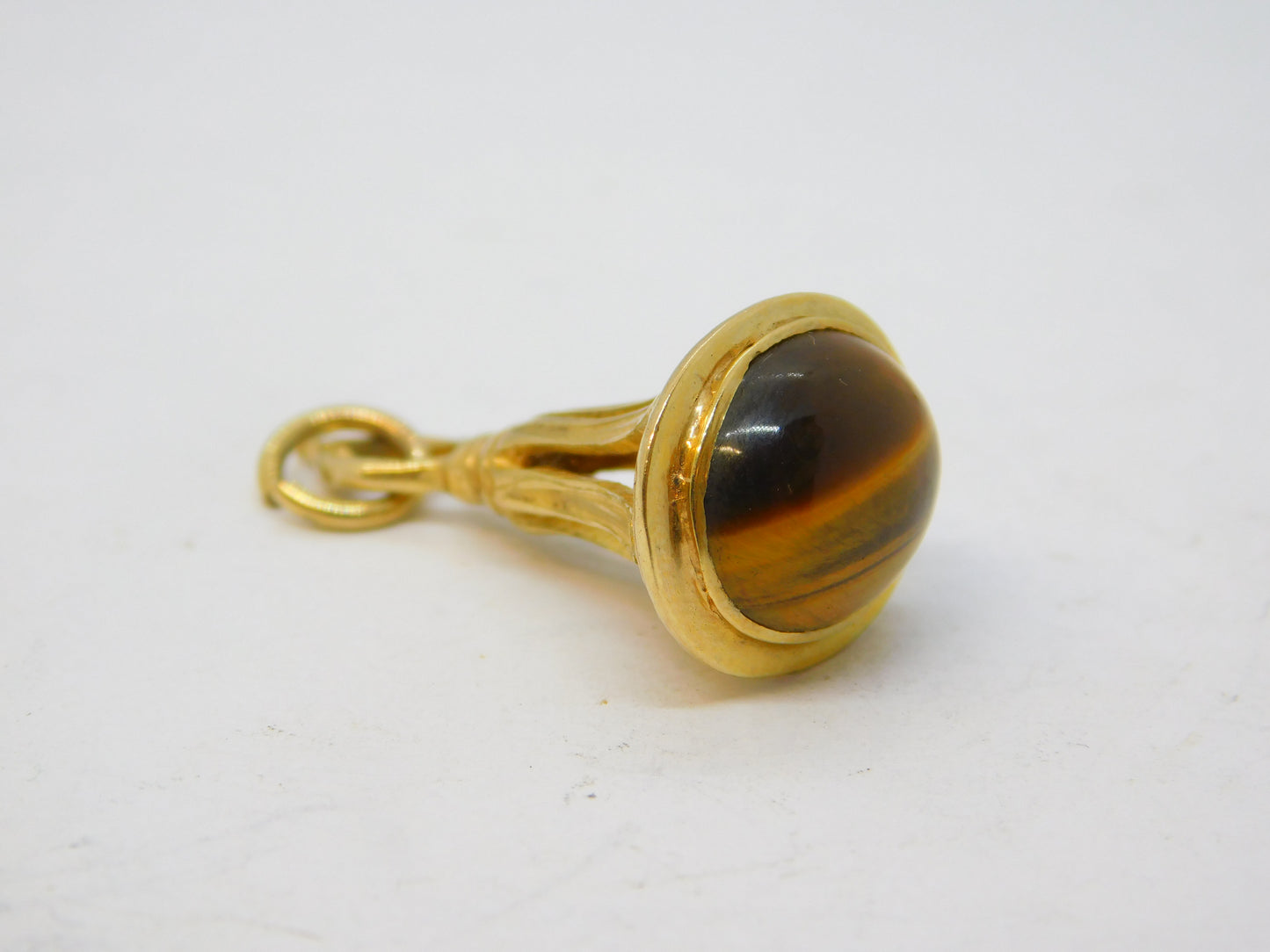 9ct Yellow Gold Cabochon Tiger's Eye Set Fob Pendant Vintage 1963 London