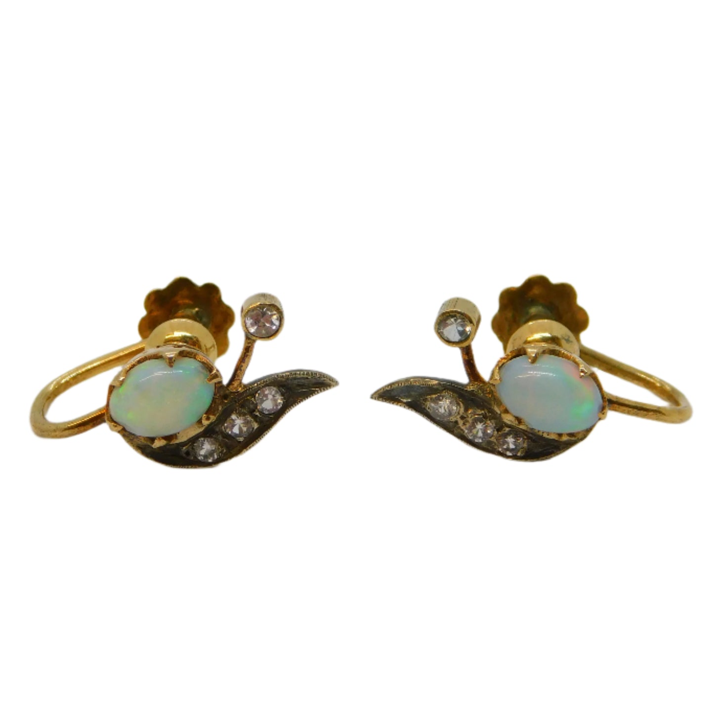 19th Century 18ct Yellow Gold, Cabochon Opal & Paste Screw-Back Earrings Antique c1890