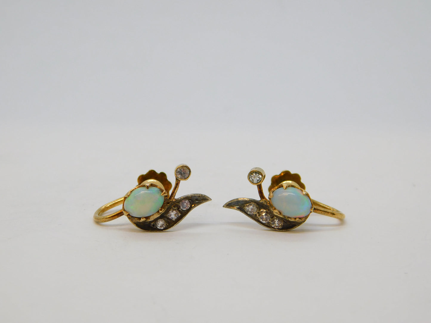 19th Century 18ct Yellow Gold, Cabochon Opal & Paste Screw-Back Earrings Antique c1890