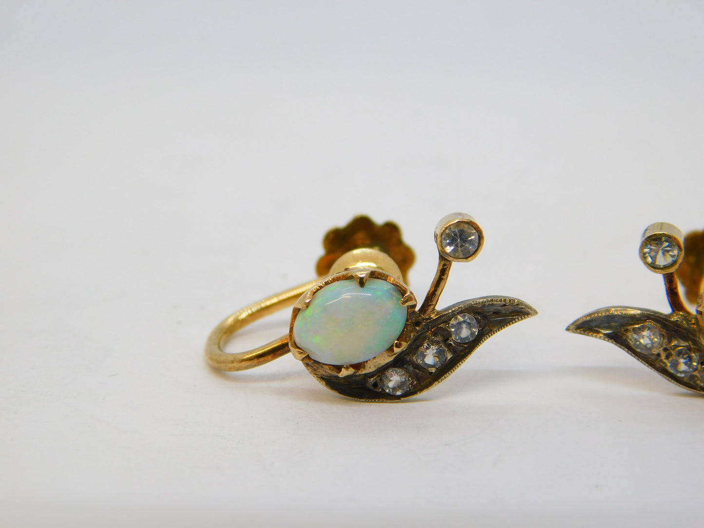 19th Century 18ct Yellow Gold, Cabochon Opal & Paste Screw-Back Earrings Antique c1890