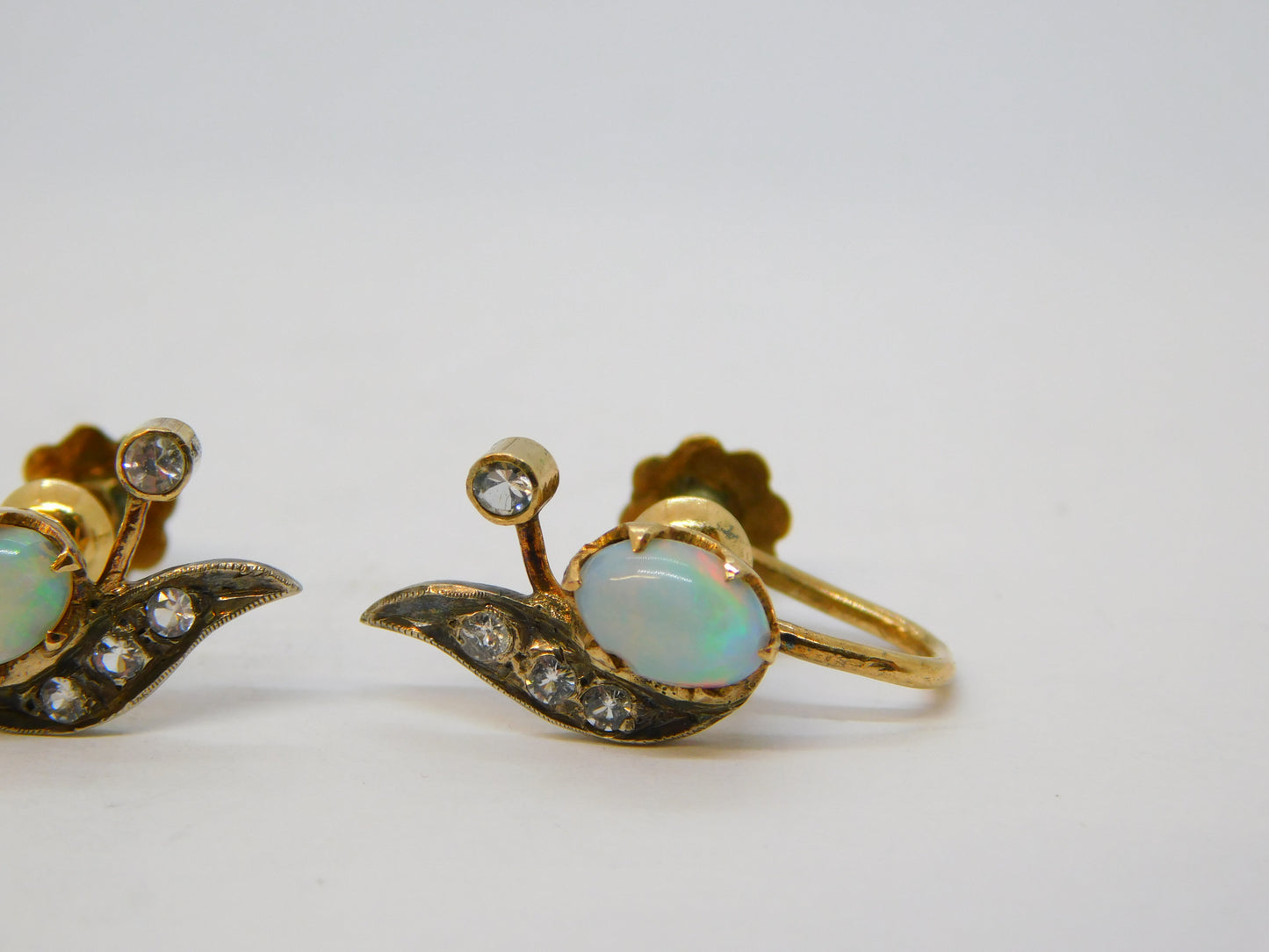 19th Century 18ct Yellow Gold, Cabochon Opal & Paste Screw-Back Earrings Antique c1890