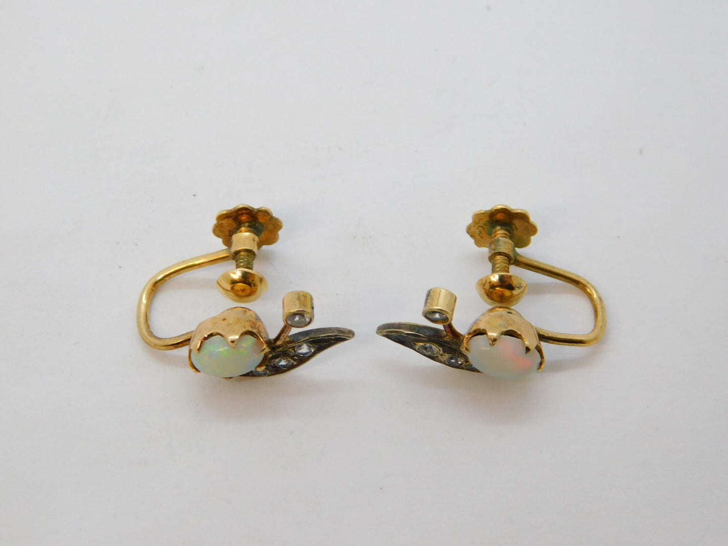 19th Century 18ct Yellow Gold, Cabochon Opal & Paste Screw-Back Earrings Antique c1890