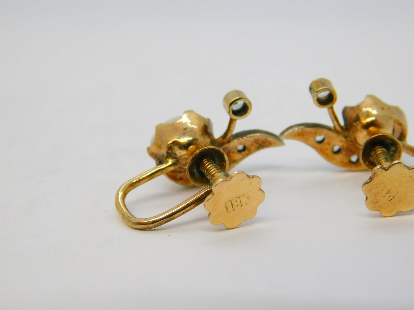 19th Century 18ct Yellow Gold, Cabochon Opal & Paste Screw-Back Earrings Antique c1890