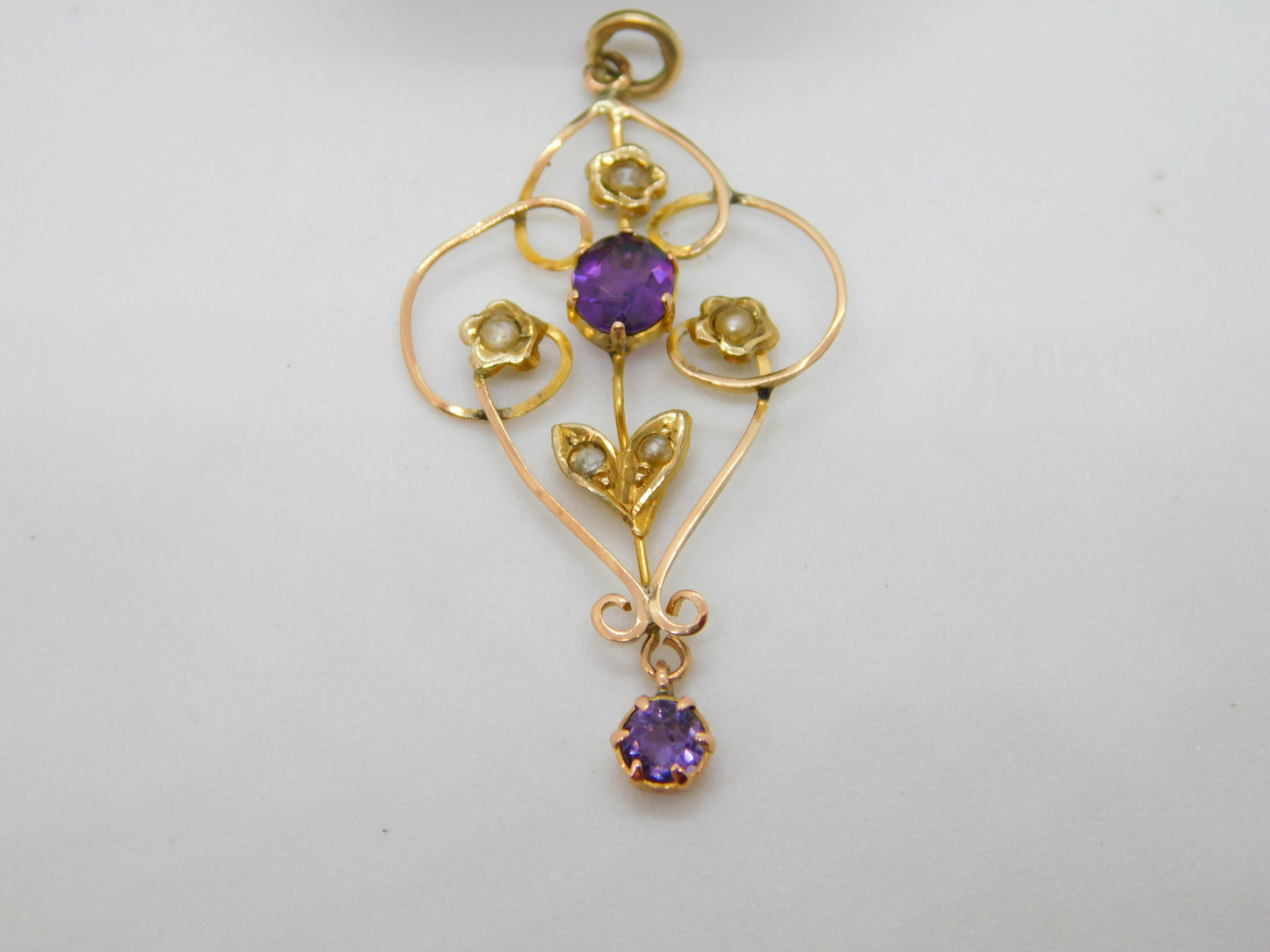 Edwardian 9ct Yellow Gold, Seed Pearl & Amethyst Lavalier Drop Pendant Antique c1910