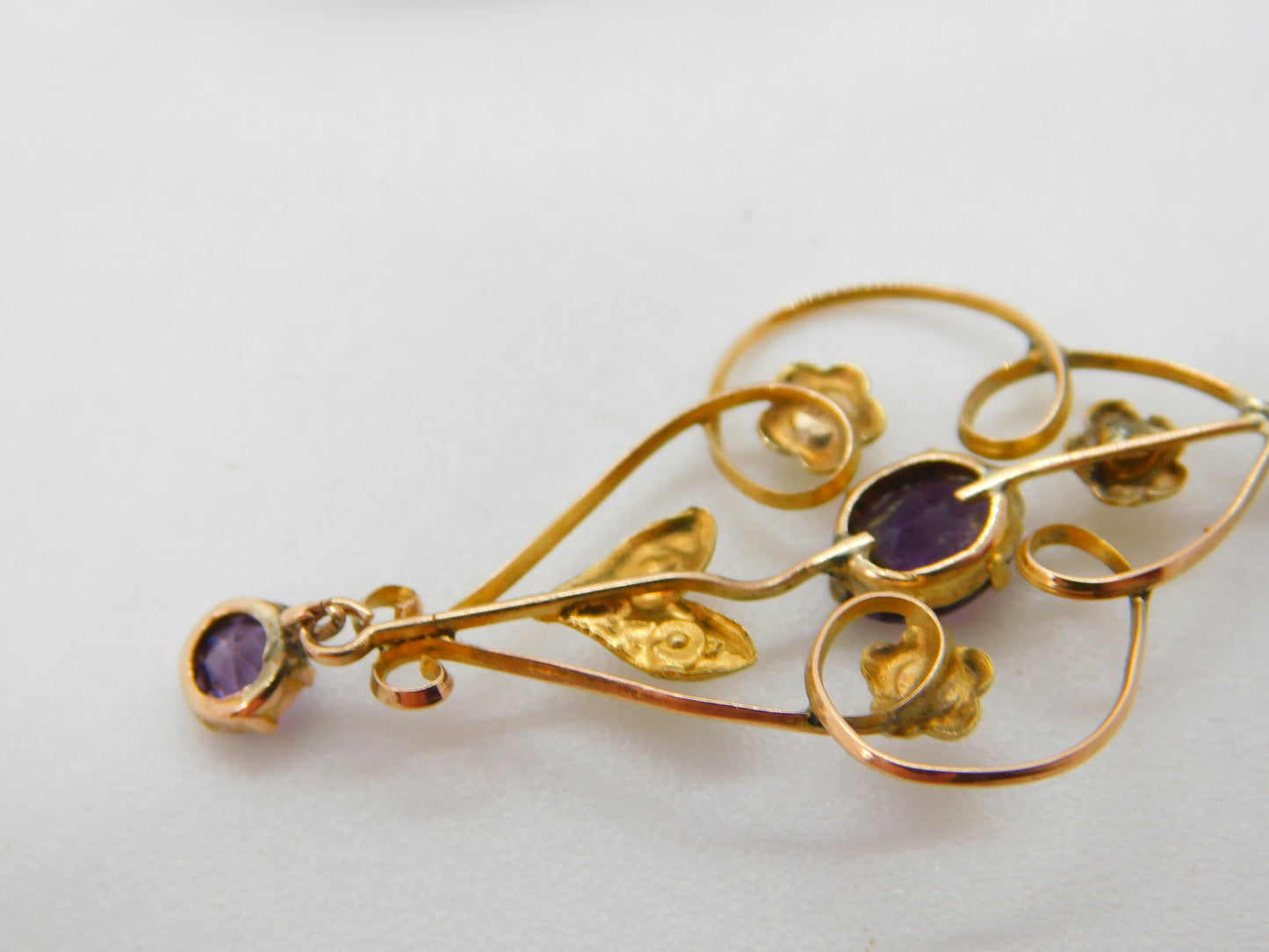 Edwardian 9ct Yellow Gold, Seed Pearl & Amethyst Lavalier Drop Pendant Antique c1910